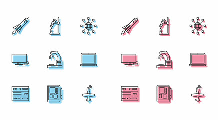 Poster - Set line Server, Data, Web Hosting, Graphic tablet, Rocket ship with fire, UAV Drone, Robotic robot arm hand factory, Laptop, Smart Tv and Test tube flask icon. Vector