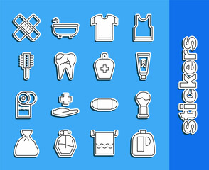 Sticker - Set line Bottles for cleaning agent, Shaving brush, Tube of toothpaste, T-shirt, Broken, Hairbrush, Crossed bandage plaster and liquid antibacterial soap icon. Vector