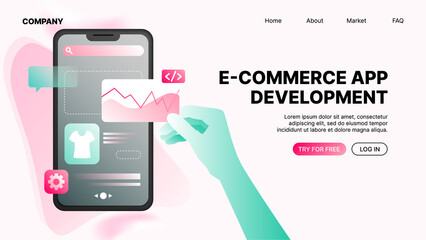 Wall Mural - Ecommerce App Development. Landing Page Template. Vector illustration