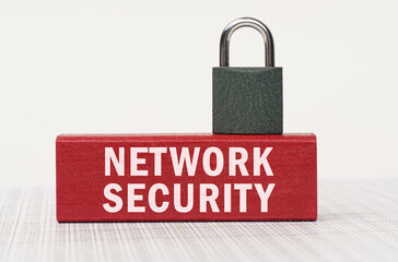 Poster - On the reports there is a red block with the inscription - Network Security and a lock.