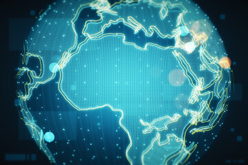 Fototapete - Digital graphic blue world map design template with Africa continent with glowing lines on abstract background. 3D rendering