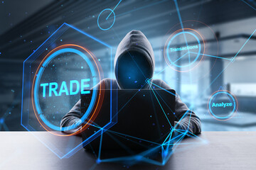 Poster - Hacker at desktop using laptop with creative polygonal trade hologram on blurry office interior background. Technology, hacking, phishing, financial data and fintech concept. Double exposure.
