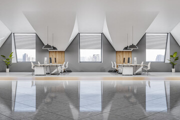 Poster - Front view on stylish interior design open space office with glossy ceramic grey floor, modern computers, white furniture and city view from windows with blinds. 3D rendering