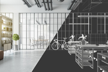 Poster - 3D visualization of sunny modern open space office with concrete floor and lattice glass walls and black wireframe of workspaces and bicycle, design project development. 3D rendering