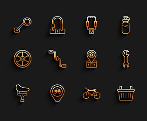 Wall Mural - Set line Bicycle seat, Location with bicycle, rear view mirror, basket, pedals, Wrench spanner and repair service icon. Vector