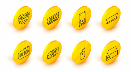 Set line Server, Data, Web Hosting, Computer mouse, Video graphic card, Hard disk drive HDD, Laptop, Optical disc, RAM, random access memory and camera icon. Vector