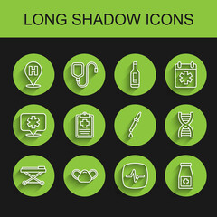 Sticker - Set line Stretcher, Medical protective mask, Location hospital, Heart rate, Medicine bottle and pills, Patient record, DNA symbol and Pipette icon. Vector