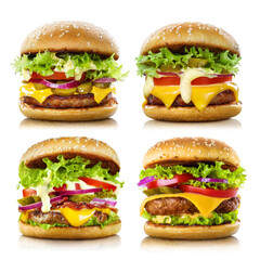 Wall Mural - Collection of delicious burgers, isolated on white background