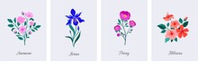 Spring Botanical Flowers Illustrations. Blooming Garden Flowers. Irises, Peony, Anemone And Hibiscus. Colorful Flat Illustrations