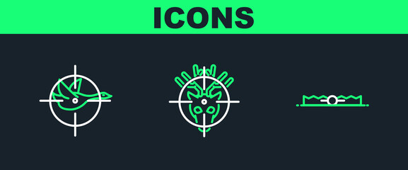 Poster - Set line Trap hunting, Hunt on duck with crosshairs and deer icon. Vector