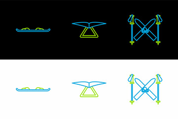 Poster - Set line Ski and sticks, Snowboard and Hang glider icon. Vector