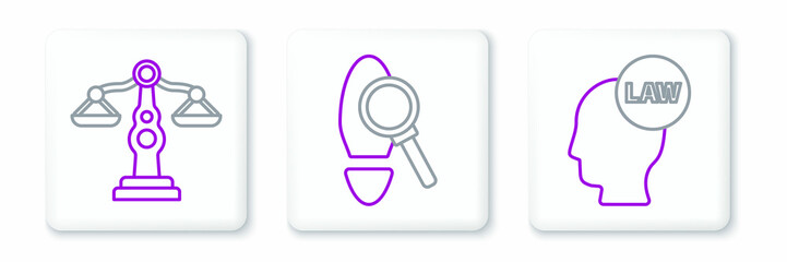 Poster - Set line Head with law, Scales of justice and Magnifying glass footsteps icon. Vector