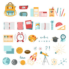 Set of school tools, set of education icons, back to school, stationery for schoolboy, school backpack, student, student notebooks, colored pencils, school, ballpoint pen