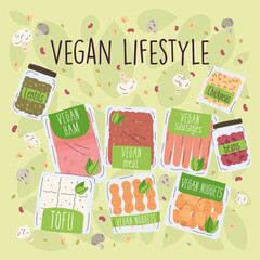 Differetn vegan products on a colored background Vegan lifestyle Vector