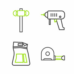 Sticker - Set line Roulette construction, Cement bag, Electric drill machine and Sledgehammer icon. Vector