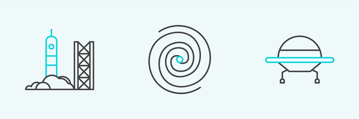 Poster - Set line UFO flying spaceship, Rocket launch from the spaceport and Black hole icon. Vector