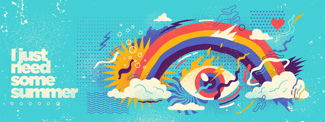 Abstract summer background design in grungy style with rainbow and various colorful shapes. Vector illustration.
