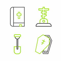 Sticker - Set line Coffin with cross, Shovel, Grave and Holy bible book icon. Vector