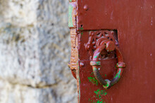 Antique Retro Handle On Vintage Doors. Background With Selective Focus And Copy Space