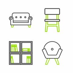 Wall Mural - Set line Armchair, Shelf with books, Chair and Sofa icon. Vector