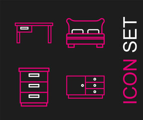 Sticker - Set line Chest of drawers, Furniture nightstand, Big bed and Office desk icon. Vector