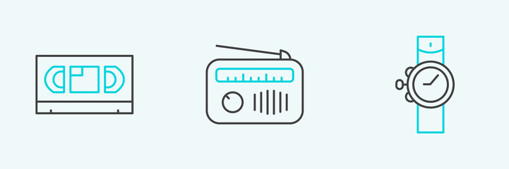 Sticker - Set line Wrist watch, VHS video cassette tape and Radio with antenna icon. Vector