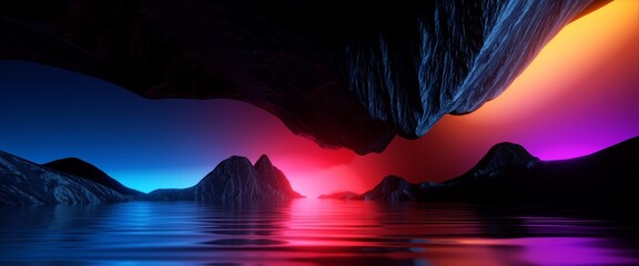 Wall Mural - 3d render, abstract panoramic background, surreal futuristic landscape with calm water, cliffs, rock