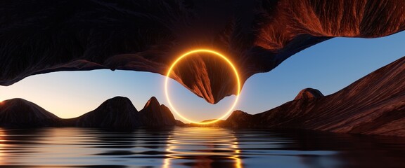 Wall Mural - 3d render, yellow neon ring glowing over the futuristic landscape with cliffs and water. modern mini