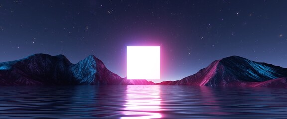 Wall Mural - 3d rendering, abstract background with landscape and square geometric shape glowing in the dark. roc