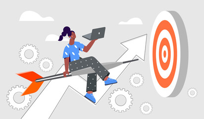 Poster - woman reaching her goal. hardworking employee or entrepreneur, leadership and motivation, target. co