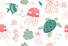 Sea Life Seamless Pattern. Repeating Image With Animals Of Underwater World For Printing On Childrens Bedding. Turtle, Octopus And Squid, Seahorse And Starfish. Cartoon Flat Vector Illustration