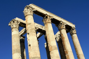 Ancient columns with lintels in a park in Athens, Greece