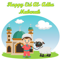 Wall Mural - Cute cartoon muslim boy celebrating Eid al Adha with sheep on mosque background