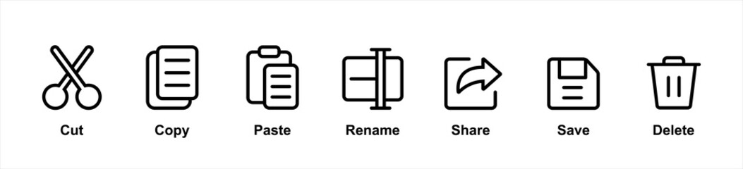 cut, copy, paste, rename, share, save and delete icon symbol collection in line and glyph style,