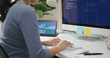 © ChayTee - Asia young business woman sit busy at home office desk work code on desktop PC reskill upskill for job career remote self test IT deep tech ai design skill online html text for cyber security.