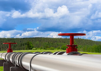 Poster - gas pipeline outdoor. propane gas pipes. steel pipeline in open air. metal pipes on concrete support
