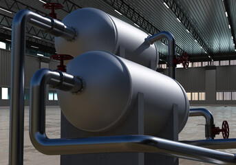 Poster - plant gasification. factory room with gas equipment. supply of propane for production process concep