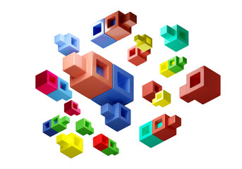 Poster - Toy blocks. Elements for child development. Toy bricks isolated on white. Multi-colored constructor in weightlessness. Children background. Decorations with children bricks. 3d rendering.