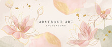 Spring Floral In Watercolor Vector Background. Luxury Wallpaper Design With Lotus Flowers, Line Art, Golden Texture. Elegant Gold Blossom Flowers Illustration Suitable For Fabric, Prints, Cover.