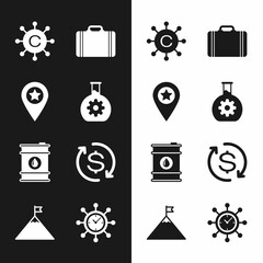 Sticker - Set Bioengineering, Location with star, Copywriting network, Suitcase for travel, Barrel oil and Return of investment icon. Vector