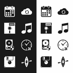 Wall Mural - Set Music note, tone, Floppy disk in the 5.25-inch, Calendar, Cloud sync refresh, Hard drive HDD protection and Clock 24 hours icon. Vector