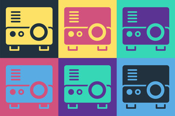 Poster - Pop art Presentation, movie, film, media projector icon isolated on color background. Vector