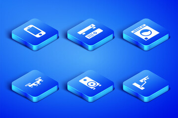 Poster - Set Security camera, Smartphone, Stereo speaker, Drone flying, Multimedia and TV box and Washer icon. Vector