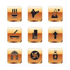 Sticker - Set Incense sticks, India Gate in Delhi, Hindu swastika, Indian textile fabric, Scented spa, Tea bag, vase and map icon. Vector