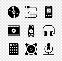 Set CD Or DVD Disk, Audio Jack, Music Player, Drum Machine, Stereo Speaker, Microphone, Online Video And Icon. Vector