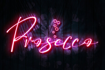 Prosecco  pink neon sign on a Dark Wooden Wall with pink hearts 3D illustration