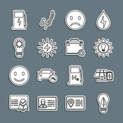 Wall Mural - Set line Light bulb with leaf, Solar energy panel and battery, Sad smile, Electric car charging station and Car recycle icon. Vector