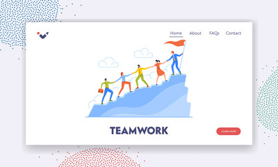 Wall Mural - Teamwork Landing Page Template. Business Team Climbing Up Mountain with Leader Stand on Top with Hoisted Red Flag