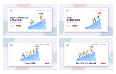 Wall Mural - Teamwork Landing Page Template Set. Business Team Climbing Up Mountain with Leader Stand on Top with Hoisted Red Flag