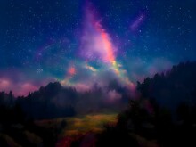 Night Landscape Mountain And Milky Way Galaxy Background Our Galaxy, Long Exposure, Low Light